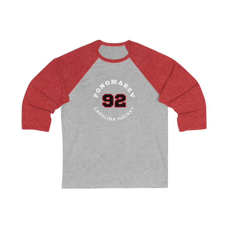 Ponomarev 92 Carolina Hockey Number Arch Design Unisex Tri-Blend 3/4 Sleeve Raglan Baseball Shirt