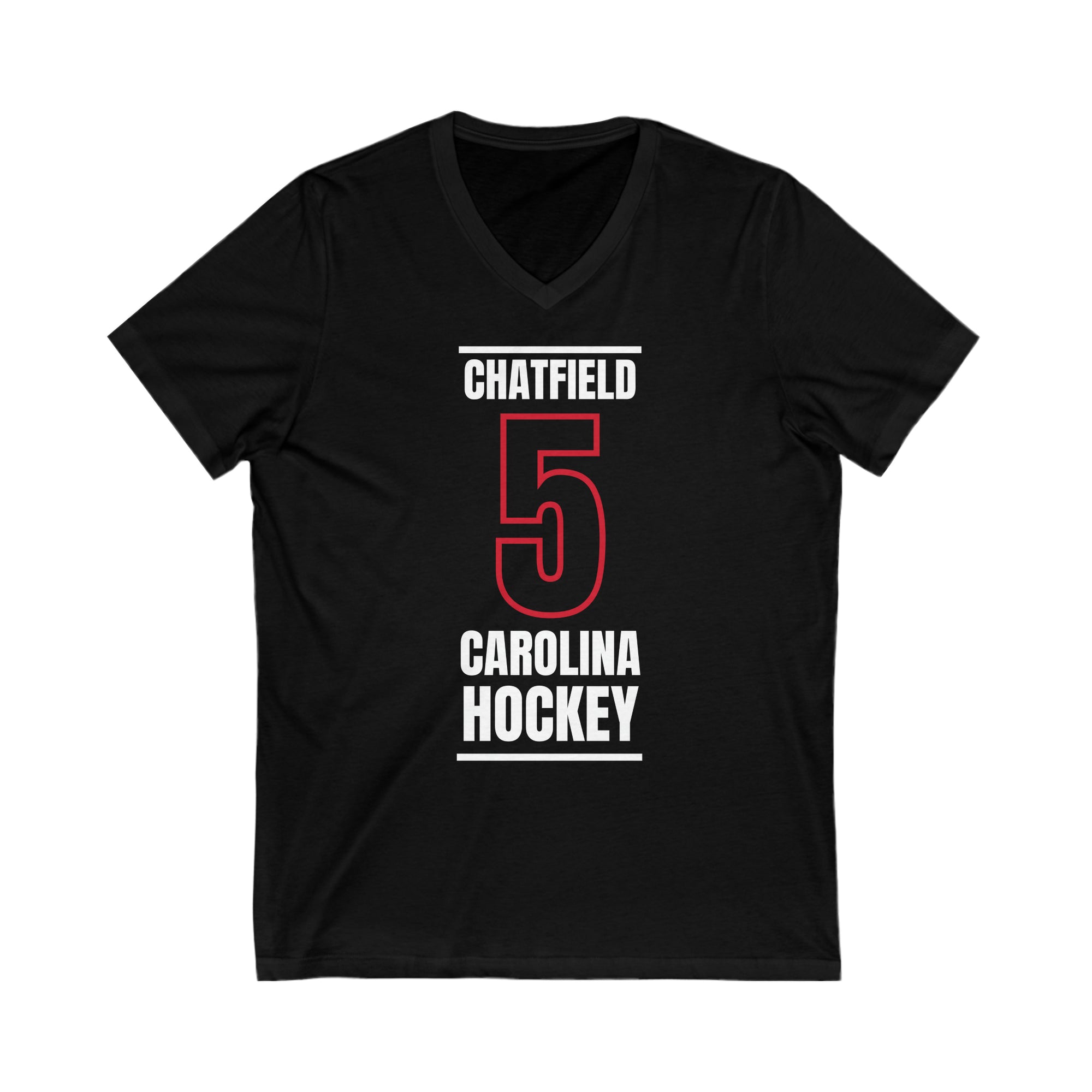 Chatfield 5 Carolina Hockey Black Vertical Design Unisex V-Neck Tee